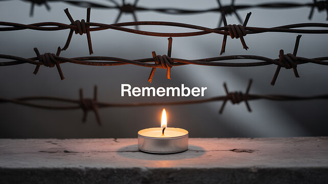 A lit candle placed before barbed wire with the word 'Remember' displayed, symbolizing remembrance and reflection.