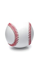 A pristine white baseball with red stitching rests on a plain white background, casting a subtle shadow