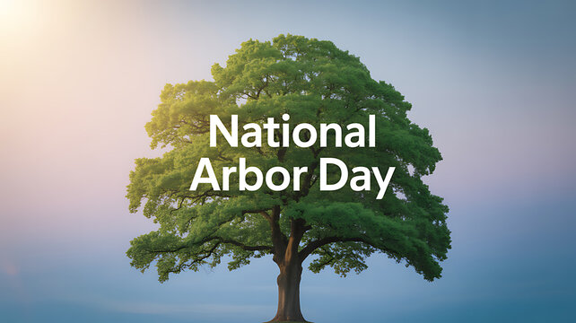 National Arbor Day celebration featuring a large, leafy tree against a soft sky background