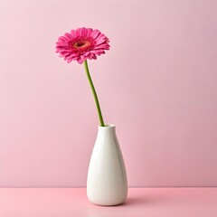 Pink gerbera daisy in a white vase isolated on a pink colored background