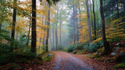 Obraz premium Misty Autumn Forest Path with Golden Leaves and Soft Light
