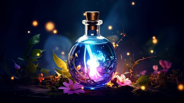 Mystical Elixir: Captivating potion with magical glow in a serene nature setting