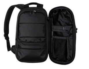 Top-Down Perspective of Black Backpack with Open Compartments, Isolated on Transparent Background PNG