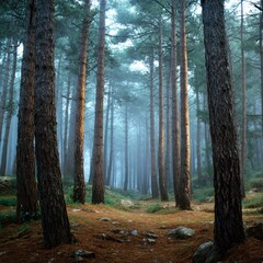 Fototapeta premium Misty Forest Path Sunlight Through Tall Pine Trees Serene Tranquil Atmosphere