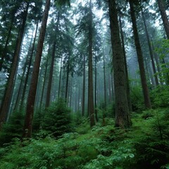 Obraz premium Misty Green Forest Tall Trees and Lush Undergrowth