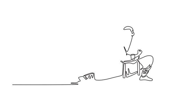 Animated self drawing continuous line draw active male in powerful stance, with one hand raised in block, disciplined and low-to-the-ground movements of Shaolin Kung Fu. Full length one line animation