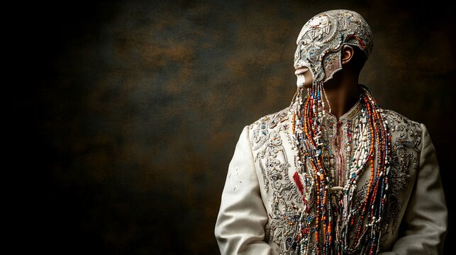 Ornate masked figure in patterned white coat with hanging threads against dark background