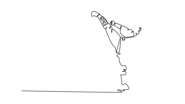 Animated self drawing of continuous line draw young male shaolin delivering a powerful high kick with precision, incredible balance, strength, and grace of art form. Full length single line animation