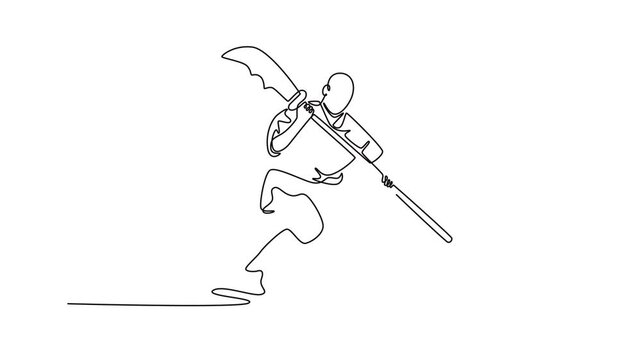 Animated self drawing of continuous line draw man is in dynamic, forward-moving stance, holding Guan Dao over his shoulder, fluid motion and power of Shaolin Kung Fu. Full length single line animation