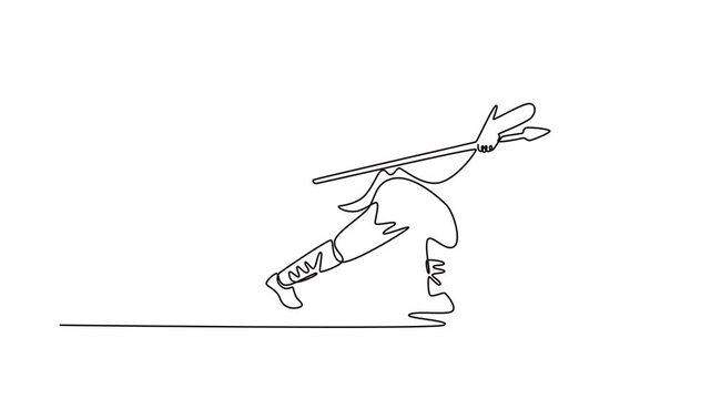 Animated self drawing of continuous line draw attractive young male in dynamic stance, wielding large weapon. Discipline, power, intensity of Shaolin Kung Fu routine. Full length single line animation