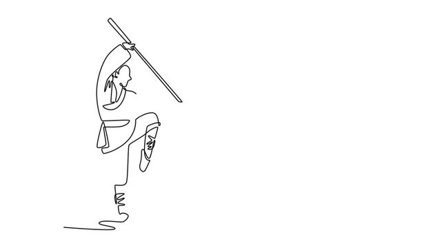 Animated self drawing continuous line male Shaolin Kung Fu master balancing on one leg while holding staff, incredible discipline and core strength required for pose. Full length single line animation