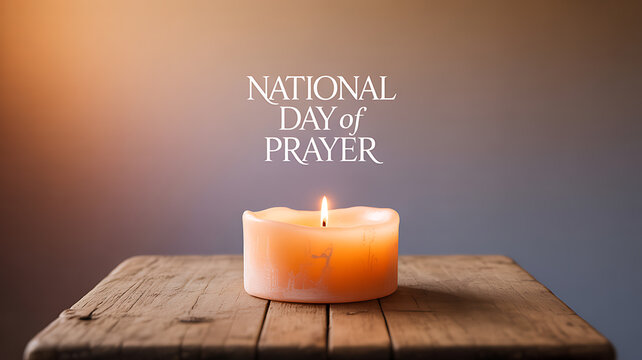 A lit candle on a wooden surface with the text 'National Day of Prayer' displayed above it.