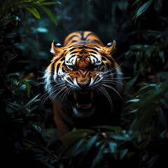 The tiger roared, its eyes glowing like embers, ready to pounce on anyone who disturbed its tranquility.