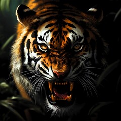 The sound of a fierce growl shattered the silence of the forest. The tiger stared intently, its fangs visible as it roared, spreading fear to every creature that dared to approach.