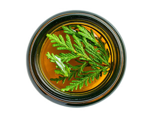 Top-Down Perspective of Amber Glass Spray Bottle with Tea Tree, isolated on transparent background PNG