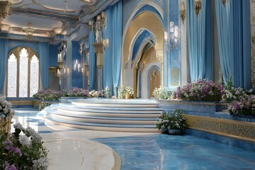 Opulent blue and gold palace interior with floral arrangements