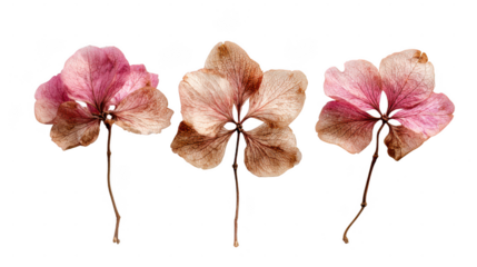 Three delicate dried pink and brown flowers isolated on transparent background