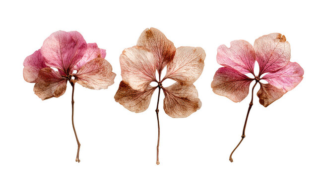 Three delicate dried pink and brown flowers isolated on transparent background