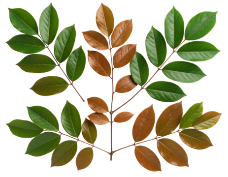 Top-Down Perspective of Alternating Green Leaves on Branch, Isolated on Transparent Background