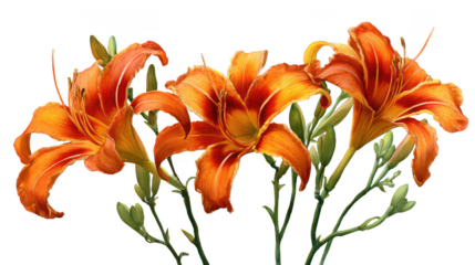 Three vibrant orange daylilies with green stems isolated on transparent background