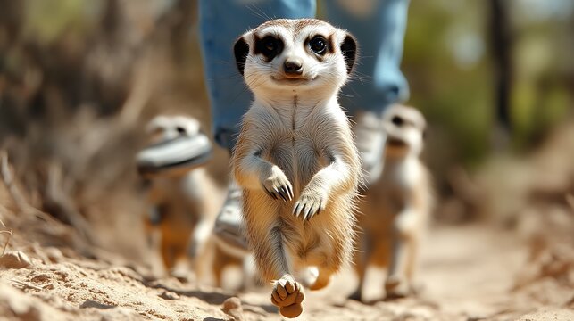 Playful meerkats running on a sandy path.  A person's legs are visible in the mid-ground