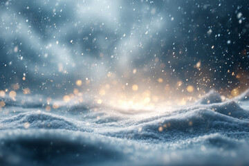 Abstract Snowy Christmas Background with Falling Snowflakes and Blurred Lights, Panoramic Banner for Holiday Designs