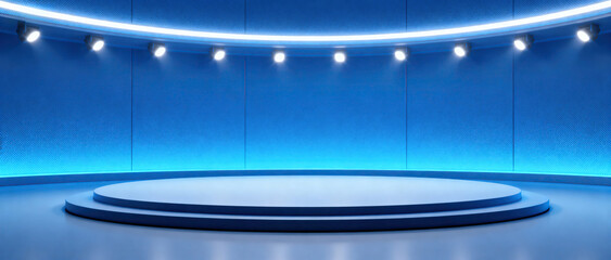 A modern blue stage with a circular podium and multiple spotlights, creating a sleek and minimalist display area.