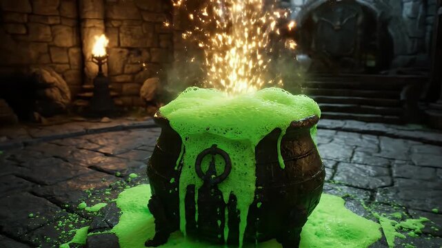 A bubbling, luminous green potion overflows from a dark cauldron in a mysterious, dimly lit stone dungeon, emitting magical golden sparks and an eerie glow.