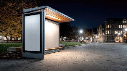 Brightly lit empty billboard at night in urban park, modern design, autumn trees, university building, peaceful atmosphere