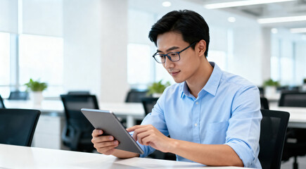 A young professional is engaged in using a tablet while sitting in a modern office, focusing on work-related tasks.