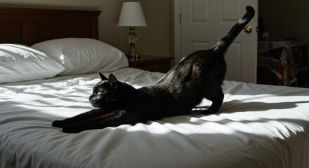 Stretching black cat relaxing on bed indoor room photograph cozy environment natural light pet behavior