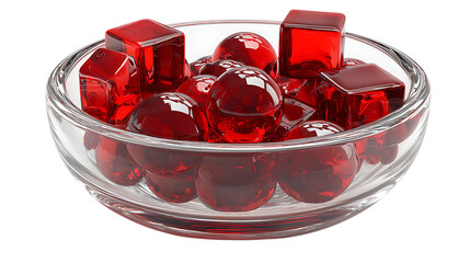 Glass bowl with red gelatin cubes and spheres isolated on transparent background