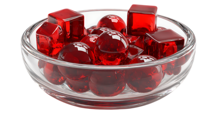 Glass bowl with red gelatin cubes and spheres isolated on transparent background