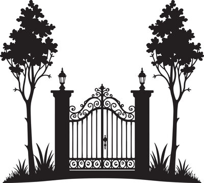 Black silhouette ornate gate with trees and lamps white 2