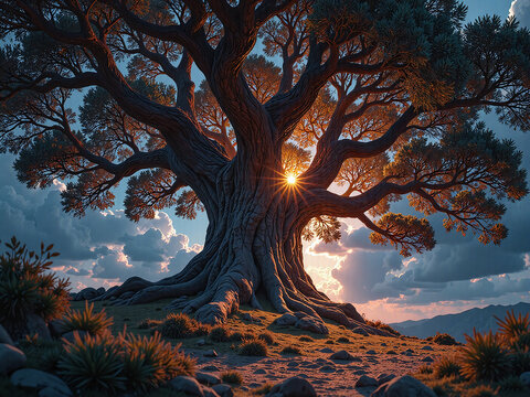 A glowing ancient tree radiates warmth and mystical protection.