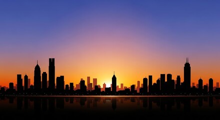 Fototapeta premium Silhouetted Cityscape at Sunset: Reflections and Vibrant Sky, Minimalist Design.