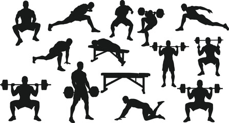 Cartoon fitness silhouettes, weightlifting poses, gym exercises, squats, lunges, bench press, deadlift, push-ups, vector illustration, workout routine, strength training