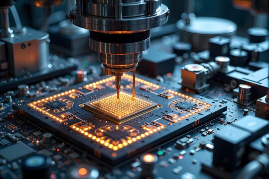 A robotic arm soldering a chip on a motherboard.