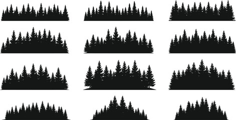 Forest tree silhouette collection, pine fir woodland vector, evergreen conifer trees, natural landscape background, outdoor nature illustration, black tree graphic design