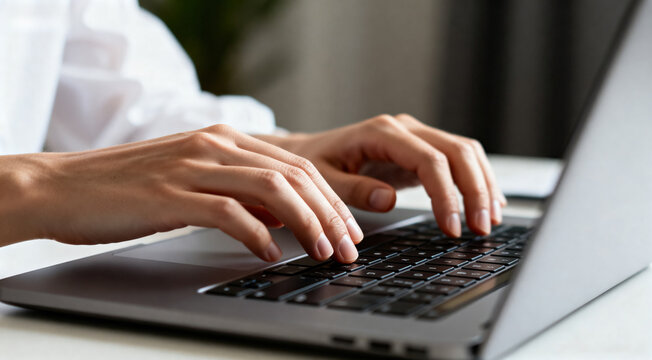 A close - up view of hands actively typing on a laptop keyboard, representing digital work or study activities.