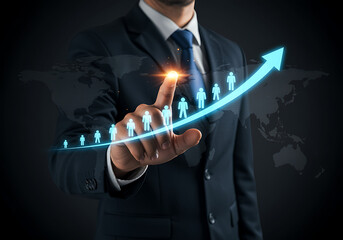 Businessman pointing at a growing line of people, symbolizing global expansion and success.