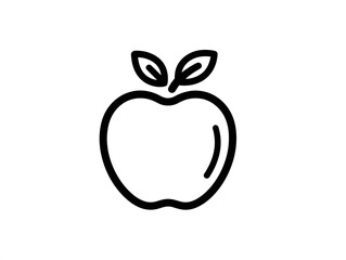 Simple Black Apple with Leaves Line Art on White Background