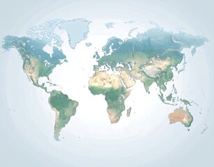 A detailed, shaded-relief world map with muted tones and a soft, light blue background