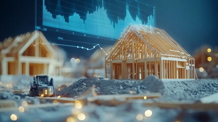 Construction site model with data visualization showcasing housing trends in a modern setting