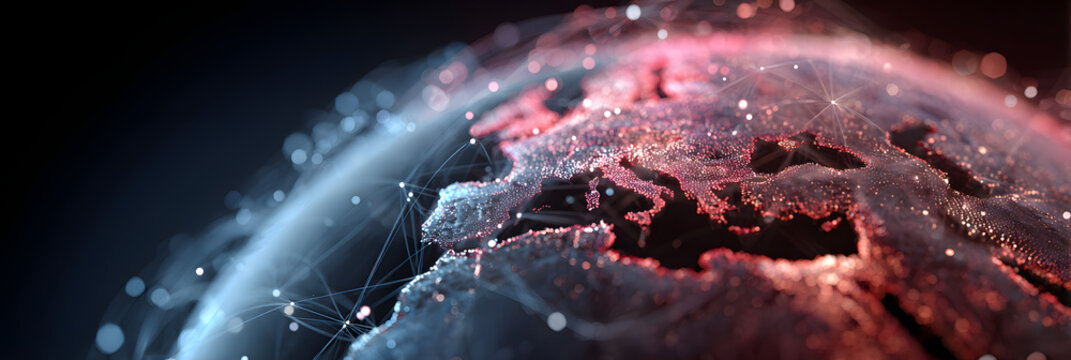 A holographic globe with interconnected lines and dots symbolizes global connectivity. The blue and red colors represent technology and communication