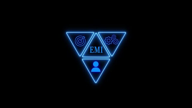 A glowing neon emi icon on a black background, representing equated monthly installment, a common payment method, with target, gear, and person icons in a triangle shape
