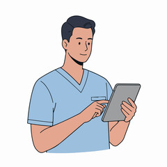Male medical professional in light blue scrubs using a digital tablet, illustrating modern healthcare, technology integration, and efficient patient management.