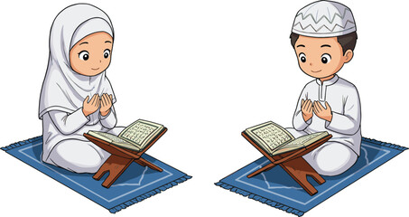 Muslim boy and girl reading Quran, Islamic children praying, holy book on prayer mat, cultural learning, religion education, cartoon vector illustration design