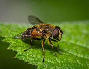 Fototapeta premium Close-up of a bee-like fly on a leaf
