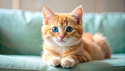 Fluffy orange cat with blue eyes rolling playfully on a soft light green carpet, close-up cozy view.